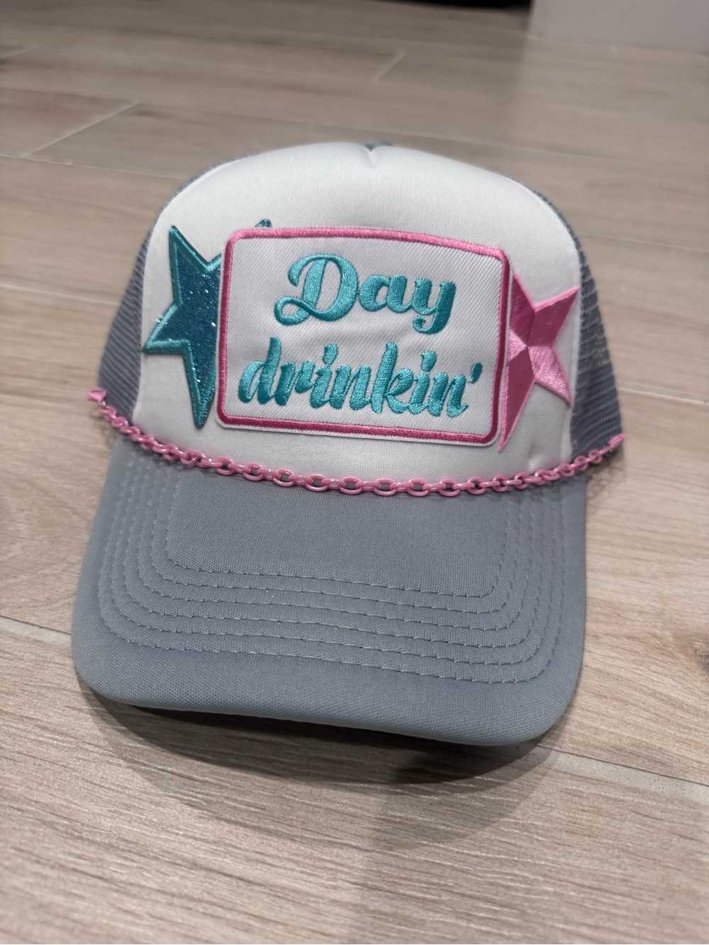 Women’s "Day Drinkin'" Embroidered Trucker Hat - Gray, Teal & Pink